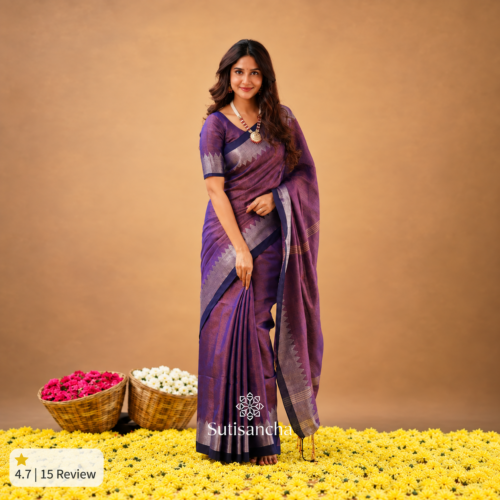 Deep Purple Banarasi Semi Katan Silk Saree with Purple Contrast Pallu