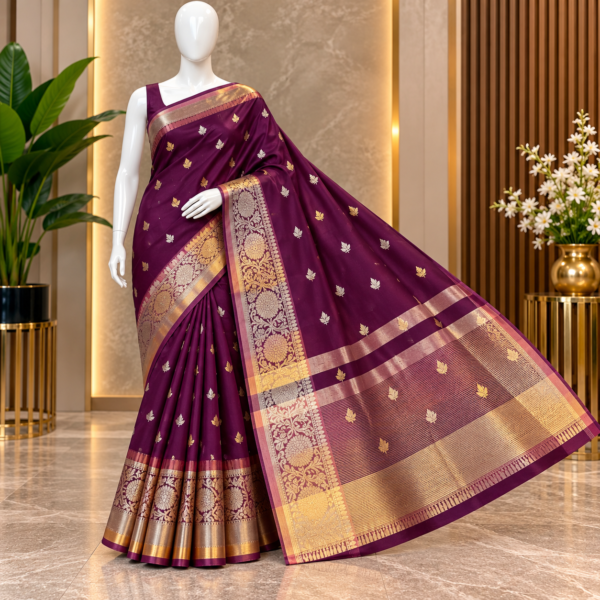 509515d3-bcc5-4ccf-bba5-ac91bb8bb9b4 Deep Purple Banarasi Semi Katan Silk Saree with Purple Contrast Pallu