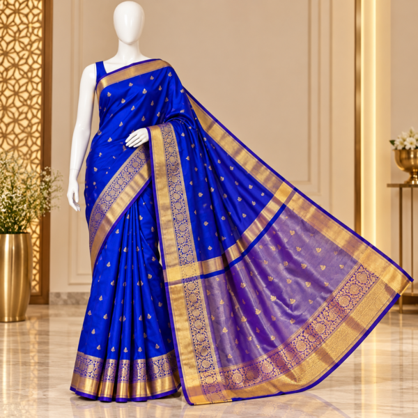 7b9d8991-6862-4ade-8c9c-95ad333d82dd Royal Blue Banarasi Semi Katan Silk Saree with Pink Contrast Pallu