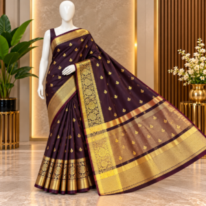 maroon plum Banarasi Semi Katan Silk Saree with Maroon Contrast Pallu
